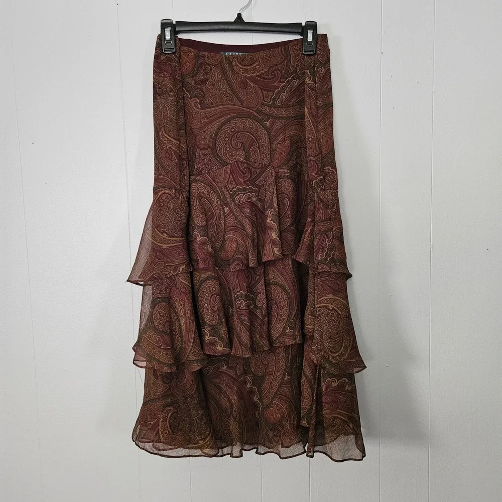 Lauren Ralph Lauren Womens Brown Paisley Ruffle Silk Boho Fairy Maxi Skirt 10